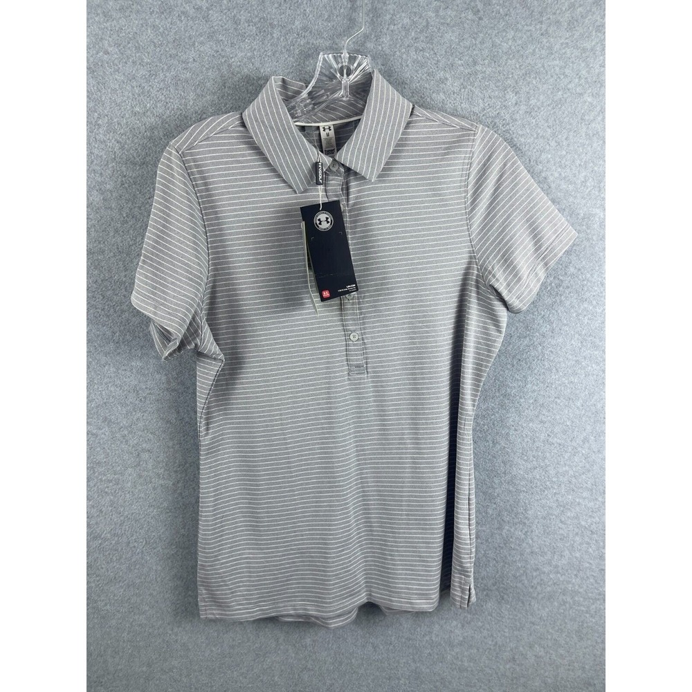Under Armour Heat Gear Polo Shirt Womens M Gray Striped Short Sleeve Stay Medcom
